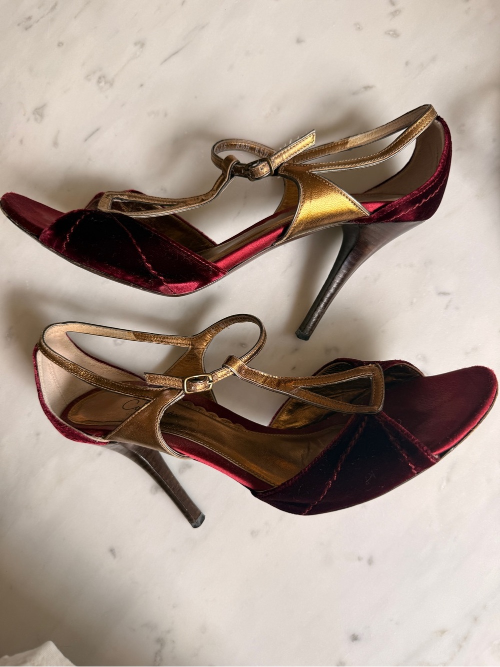 Cole Haan Burgundy Velvet Heels with Gold Leather Straps